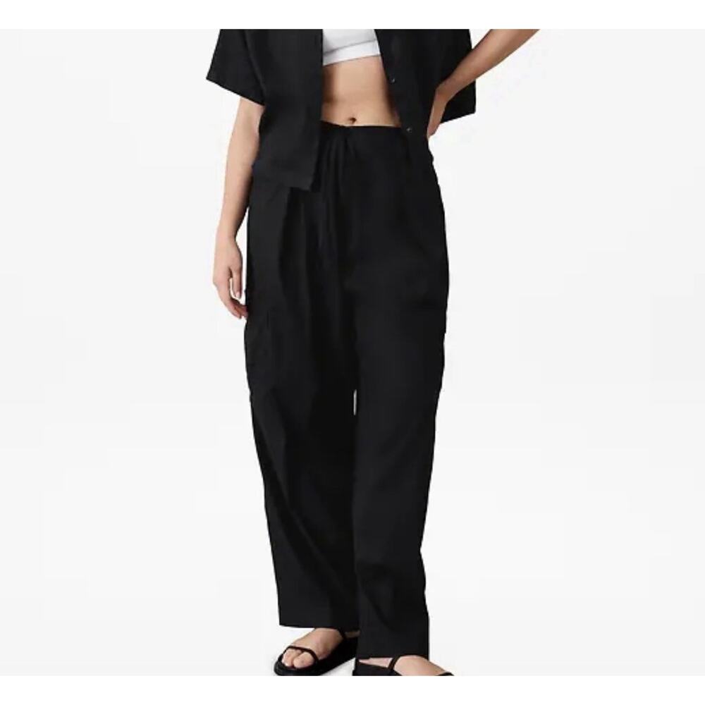Athleta Pants Women Small Black Linen Blend Paradise Straight Leg Cargo Relaxed